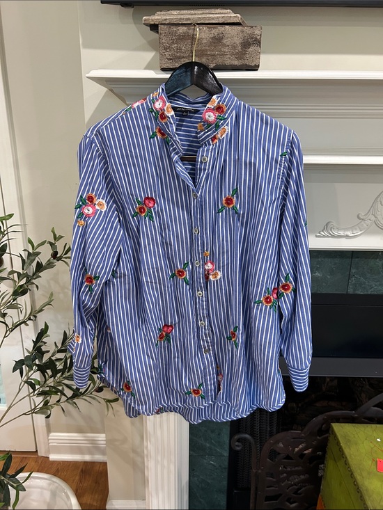 John Mark Tops - John Mark Blue & White Striped Button-Down with Floral Embroidery